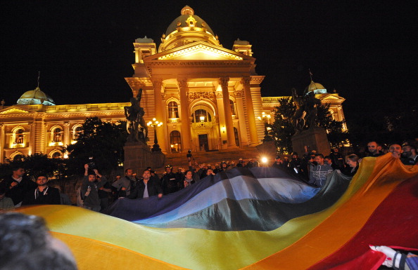 LGBT activists demonstrate in front of the Serbian Parliament, September 27, 2013 in Belgrade.  (ANDREJ ISAKOVIC/AFP/Getty Images)