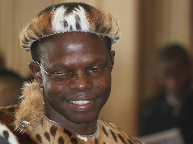 Thulani Maseko, appears in court in the traditional animal skin garb of a Zulu warrior, in Mbabane, Swaziland.  Maseko delivered a blistering attack on the Swazi judiciary and political system in a trial that has focused fresh attention on human rights issues in a country who's authoritarian system gets little scrutiny in international forums because of the country's small size and strategic insignificance.