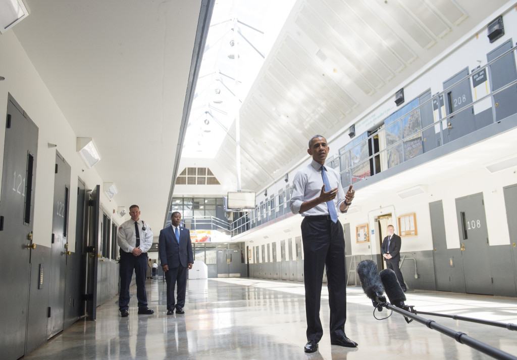 US President Barack Obama speaks as he tours the El Reno Federal Correctional Institution in El Reno, Oklahoma, July 16, 2015. Obama is the first sitting US President to visit a federal prison, in a push to reform one of the most expensive and crowded prison systems in the world.  (Photo credit:SAUL LOEB/AFP/Getty Images)