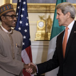 US Secretary of State John Kerry shakes hands with Nigerian President Muhammadu Buhari at the US Department of State July 21, 2015 in Washington, DC. (BRENDAN SMIALOWSKI/AFP/Getty Images)