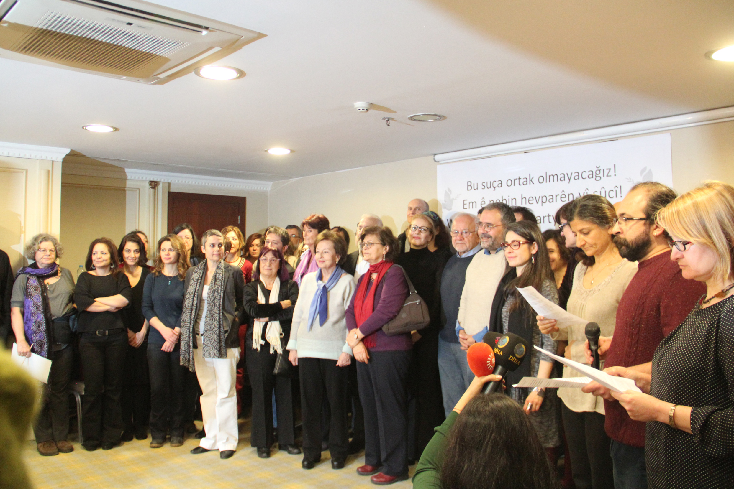 The photo is from the press conference that took place on 11 January 2016, announcing the peace appeal by 1,128 academics. Esra Mungan, Muzaffer Kaya, Kıvanç Ersoy and Meral Camcı are four academics currently held in pre-trial detention in Istanbul after they held a press conference on 10 March 2016, reiterating their support for a statement they had signed in January. The appeal for peace criticizing ongoing curfews and security operations in south eastern Turkey and calling for a resumption of peace talks between Turkey and the armed Kurdistan Workers’ Party (PKK). A further 1,084 academics since signed to appeal, bringing the total to 2,212 signatories.